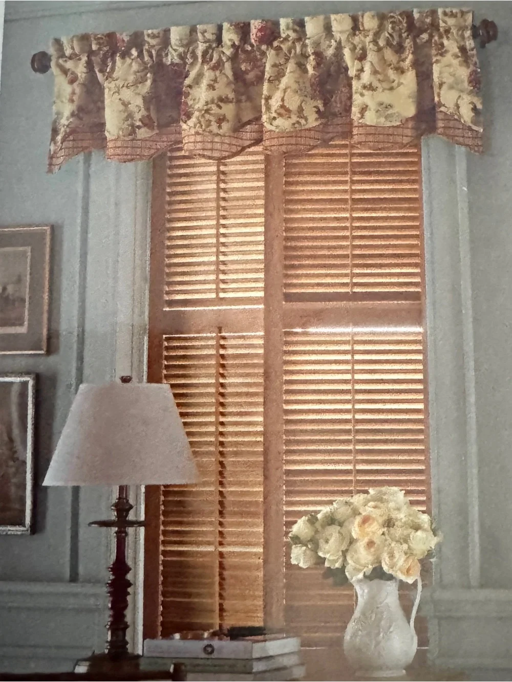 American Living Cream and Red Floral Window Valance with Plaid Trim